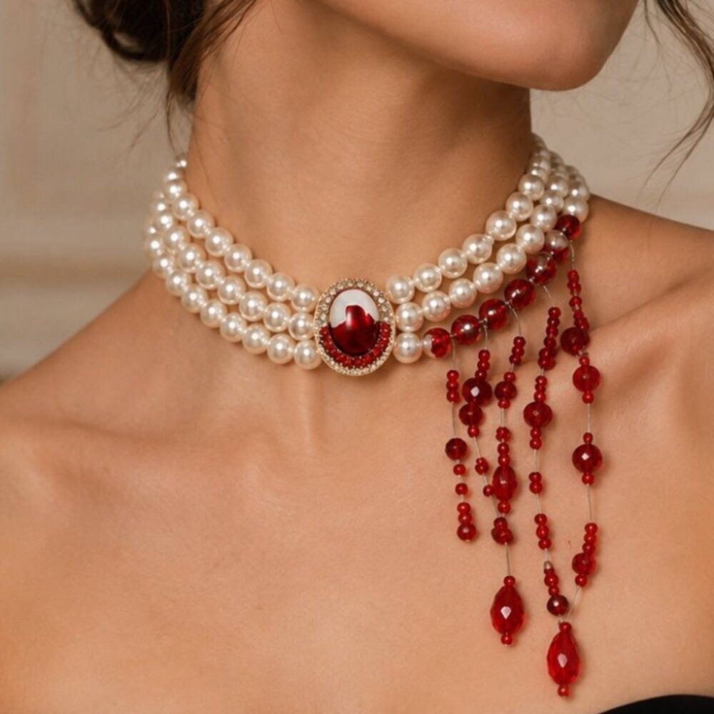 ✨ Blood Red Crystal Pearl Choker Necklace Gothic Statement